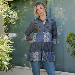 Young Threads Chambray Boho Western Patchwork Tunic Top